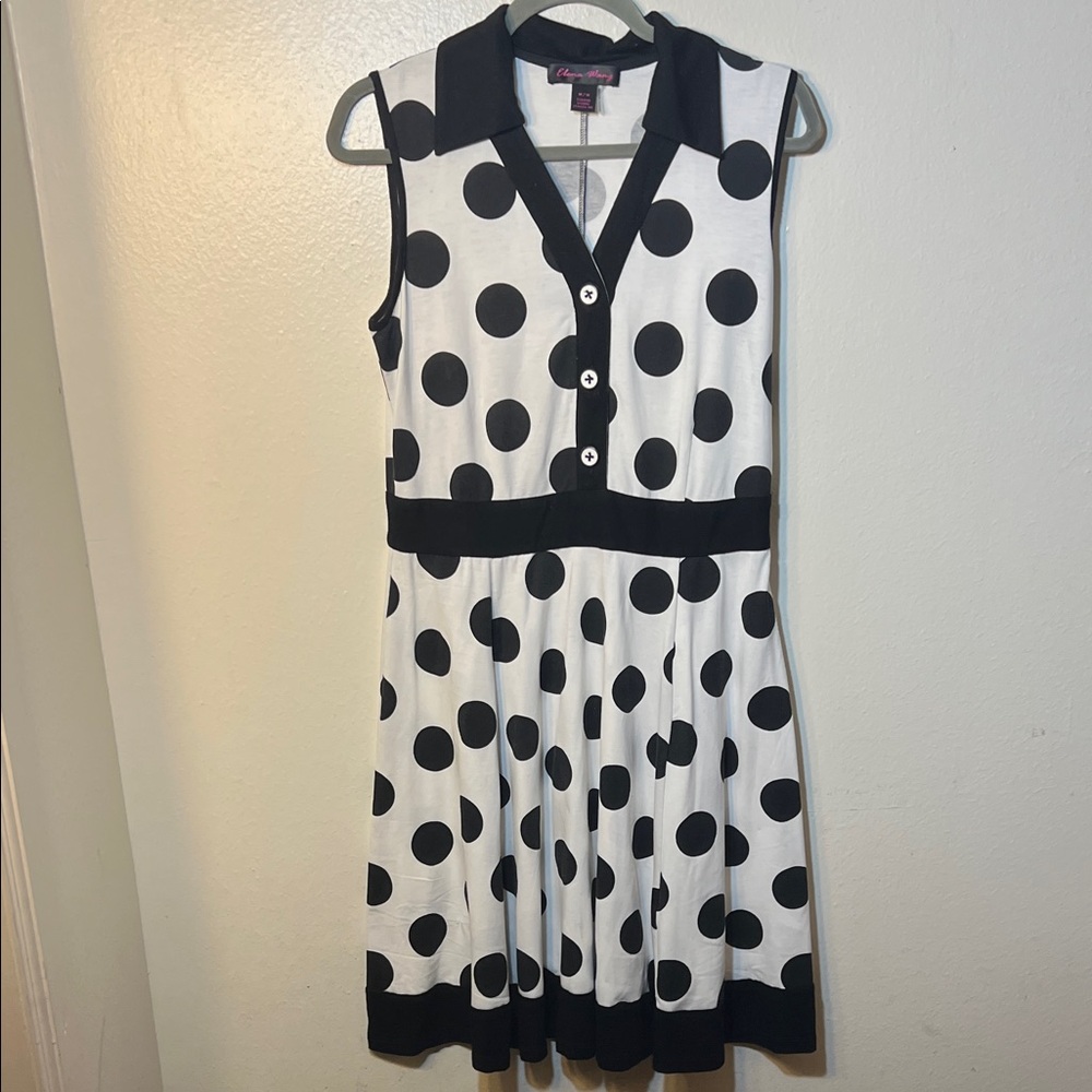 Elena Wang Black and White Polka Dot Knit A-Line Collared Dress Medium